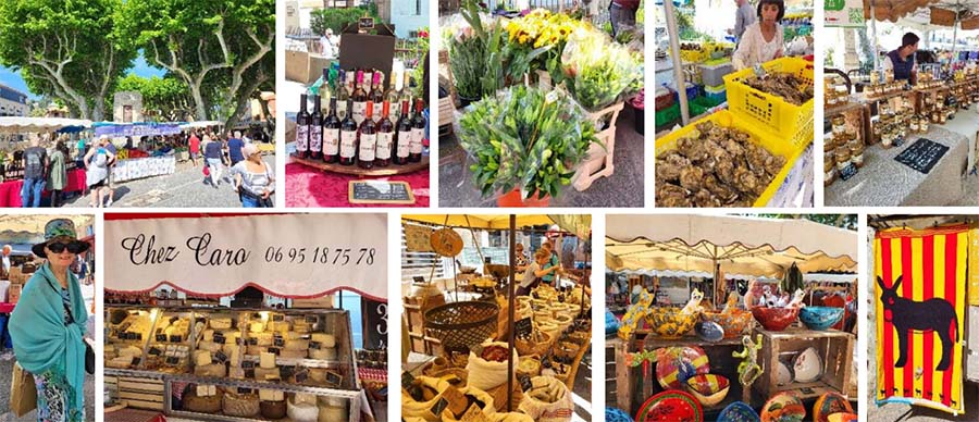 collage of photos from the Collioure marché with stalls of antiques and wine